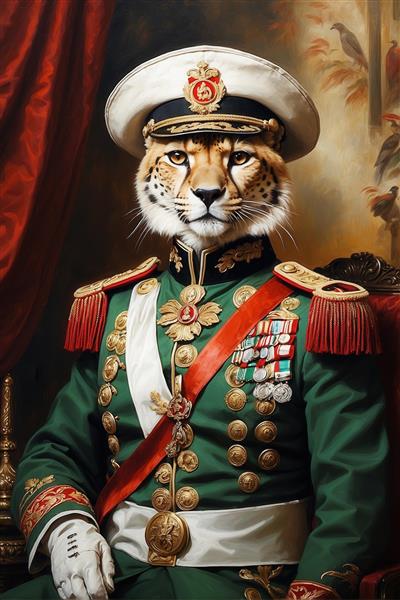 طرح پرتره یوزپلنگ با لباس سلطنتی سبز و سفید برای پوستر دیواری لوکس