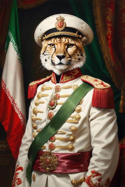 تصویر یوزپلنگ با یونیفرم سفید سلطنتی سبز و پرچم ایران برای چاپ عریض