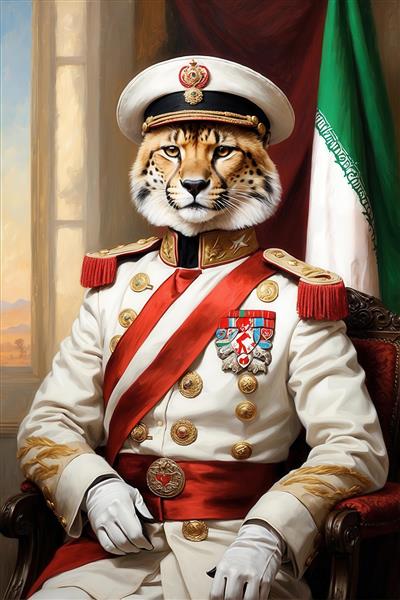 پرتره چیتا نظامی سلطنتی در یونیفرم سفید با پس‌زمینه پرچم ایران