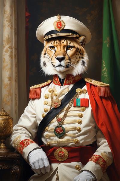 طرح پرتره یوزپلنگ با یونیفرم سفید و شنل قرمز برای دکوراسیون کلاسیک