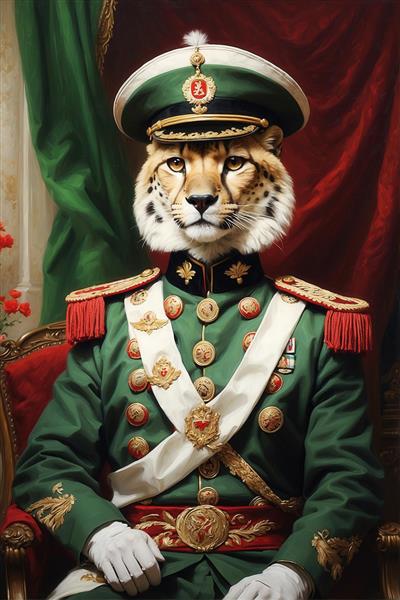تصویر یوزپلنگ ژنرال ایرانی با لباس نظامی سلطنتی سبز برای تابلو باکیفیت چاپ بوم