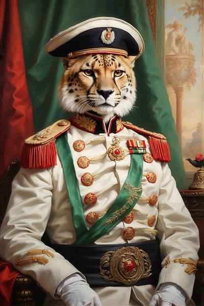 عکس پرتره یوزپلنگ با یونیفرم سفید سلطنتی و مدال‌های افتخار دکوراتیو