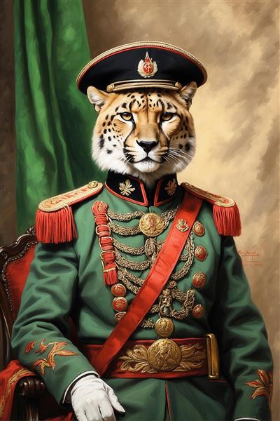 یوزپلنگ فرمانده نظامی سلطنتی ایران در یونیفرم سبز و قرمز برای تابلو اتاق کار