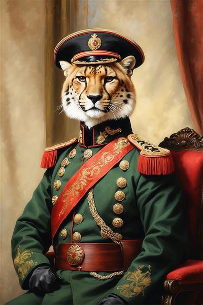 پرتره ژنرال یوزپلنگ ایرانی با لباس رسمی نظامی سلطنتی سبز برای چاپ روی روتختی