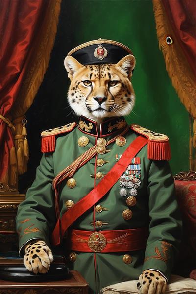 طرح پرتره یوزپلنگ نظامی سلطنتی پشت میز برای پوستر دیواری باکلاس