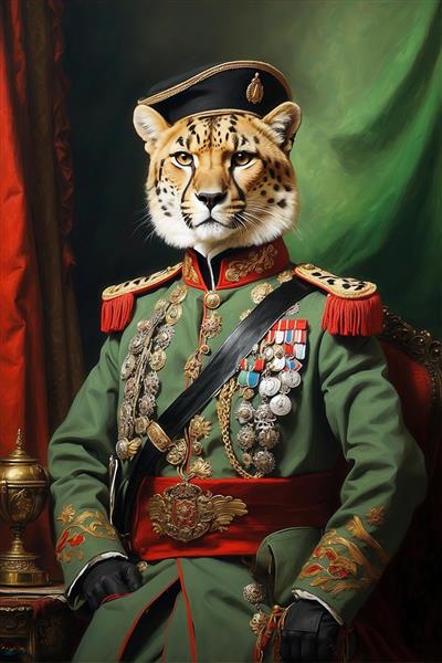 عکس پرتره چیتا با مدال‌های زیاد و یونیفرم سلطنتی سبز برای تابلو پذیرایی