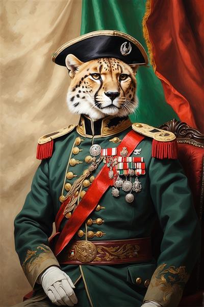 پرتره یوزپلنگ با کلاه و لباس نظامی ارتش ایران سبز برای چاپ روی بوم