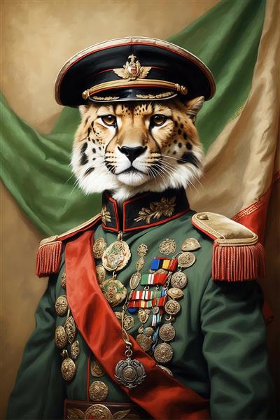 عکس پرتره یوزپلنگ با لباس نظامی سبز و مدال‌های بسیار برای تابلو دکوراتیو