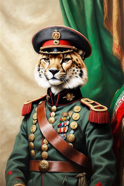 طرح پرتره یوزپلنگ با یونیفرم نظامی سبز و مدال‌های زیبا برای پوستر