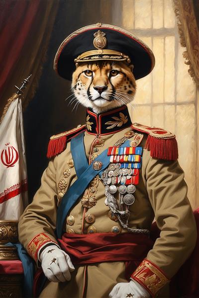 تصویر پرتره یوزپلنگ با یونیفرم خاکی سلطنتی و نشان‌های افتخار