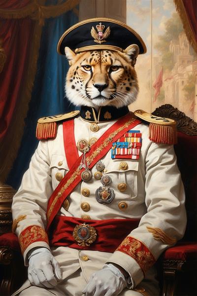تصویر یوزپلنگ ژنرال با یونیفرم سفید سلطنتی نشسته
