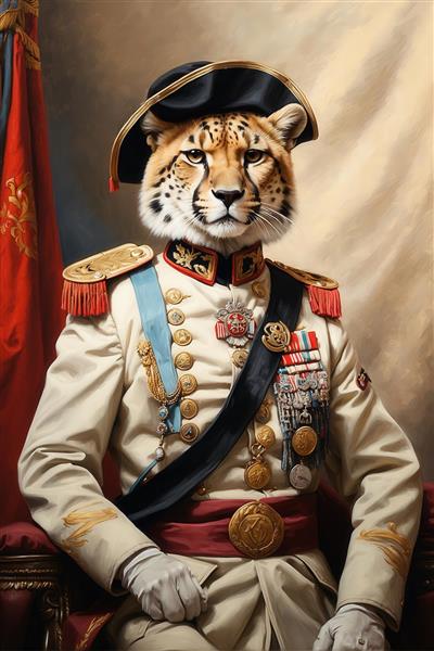 تصویر یوزپلنگ ژنرال با یونیفرم سفید سلطنتی برای پوستر دیواری