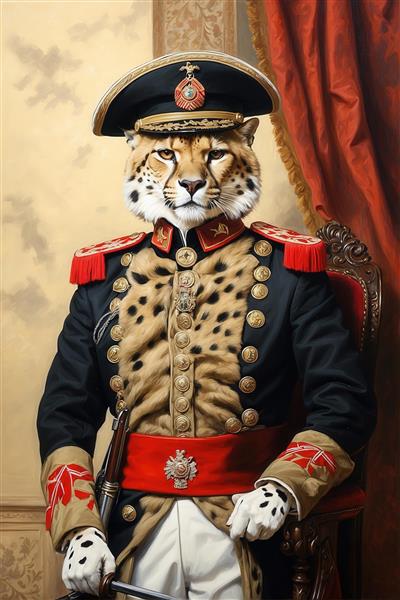 عکس پرتره یوزپلنگ در یونیفرم نظامی و کلاه برای تابلو دکوراتیو