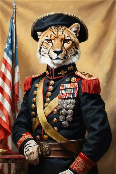 عکس پرتره یوزپلنگ در یونیفرم نظامی و کلاه برای تابلو دکوراتیو