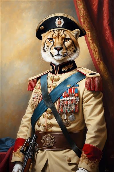 طرح پرتره یوزپلنگ ژنرال با یونیفرم مشکی و پرچم آمریکا برای چاپ