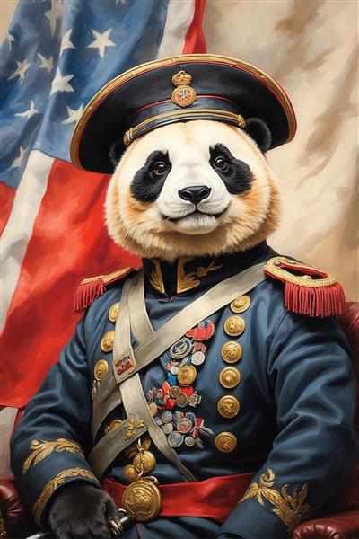 تصویر پرتره پاندا در لباس ژنرالی مشکی با پرچم سرخ برای چاپ پرده