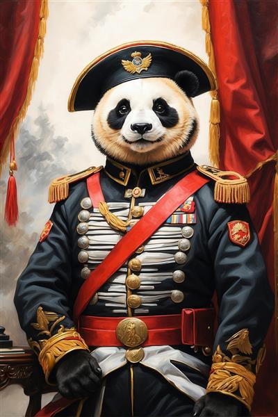 عکس پاندا نظامی با لباس آبی و مدال برای تابلو دکوراتیو باکیفیت
