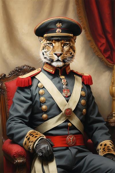تصویر پرتره پلنگ/ببر در لباس ژنرالی مشکی برای تابلو دکوراتیو