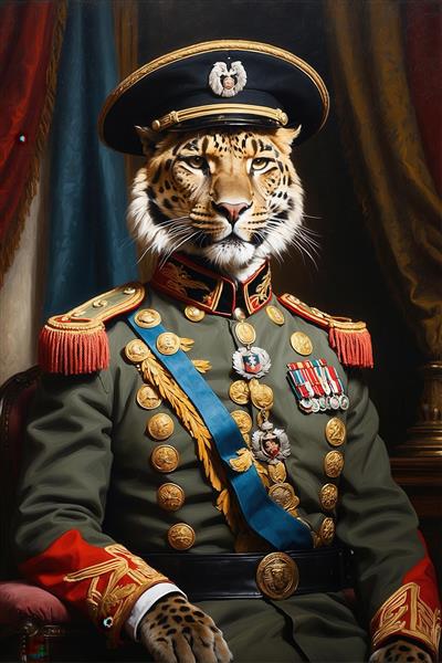 طرح پرتره پلنگ/ببر با یونیفرم خاکستری و کلاه سفید برای چاپ پوستر