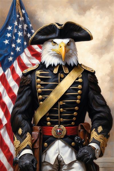 عکس پرتره عقاب نظامی با پرچم آمریکا برای تابلو دکوراتیو مدرن