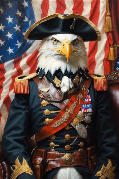 تصویر عقاب سرسفید نظامی با پرچم آمریکا برای پوستر دیواری باکیفیت