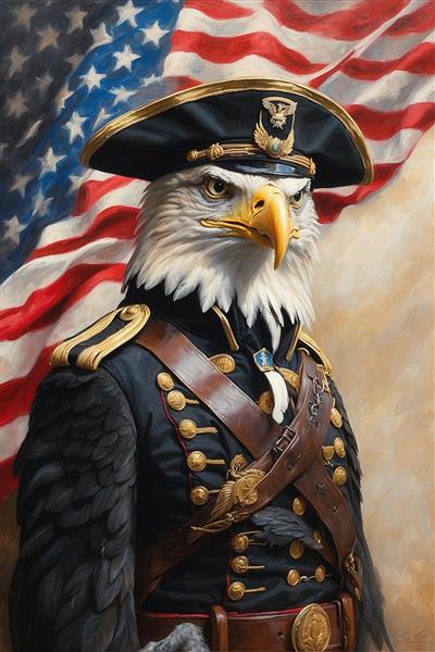 تصویر پرتره عقاب ژنرال با یونیفرم آبی و پرچم آمریکا برای پوستر