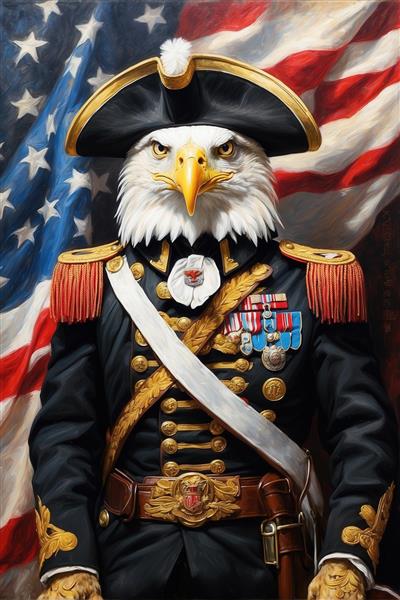 طرح پرتره عقاب سرسفید نظامی در لباس مشکی برای چاپ روی پرده