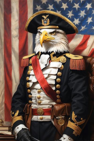 تصویر پرتره عقاب ژنرال با یونیفرم مشکی و پرچم آمریکا برای تابلو