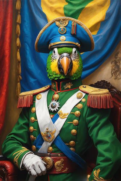 عکس پرتره طوطی با یونیفرم سبز و پرچم آبی برای تابلو دکوراتیو