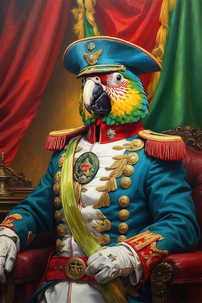 طرح پرتره طوطی ماکائو در لباس سلطنتی آبی و سبز برای چاپ پرده