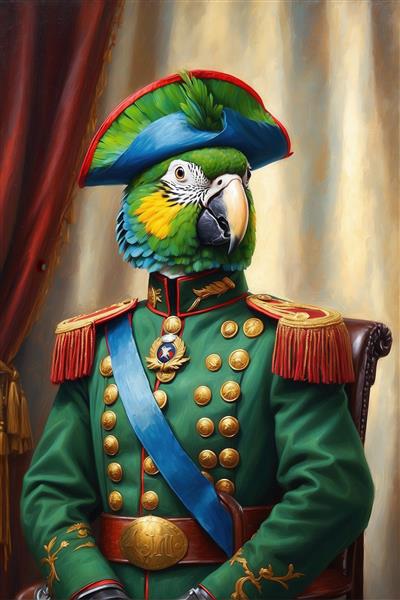 تصویر طوطی ماکائو با لباس نظامی سبز برای پوستر دکوراتیو اتاق نشیمن