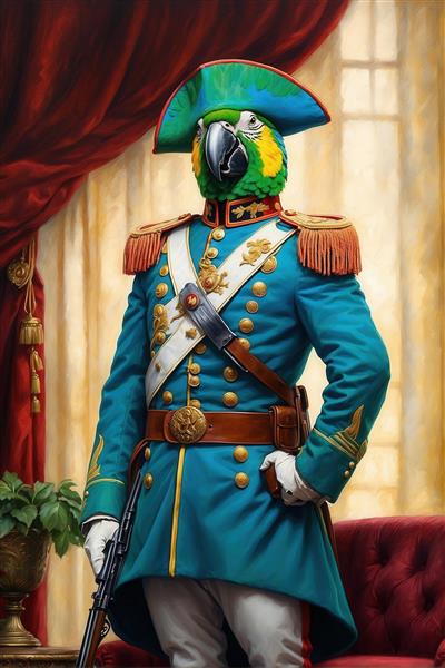 عکس پرتره طوطی ماکائو در یونیفرم آبی سلطنتی برای تابلو دکوراتیو