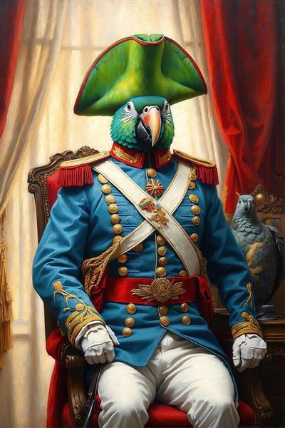 عکس طوطی با یونیفرم آبی رسمی و کلاه لبه‌دار برای تابلو دکوراتیو نشیمن