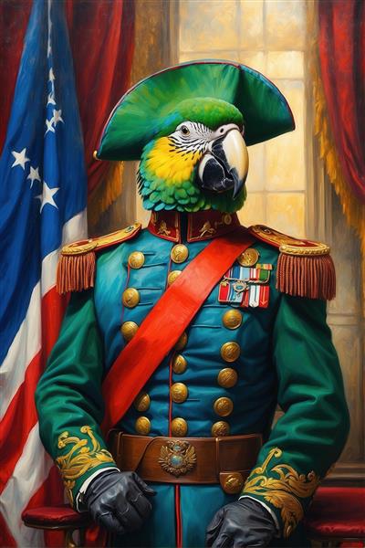 تصویر طوطی ژنرال با یونیفرم آبی و پرچم آمریکا برای چاپ باکیفیت