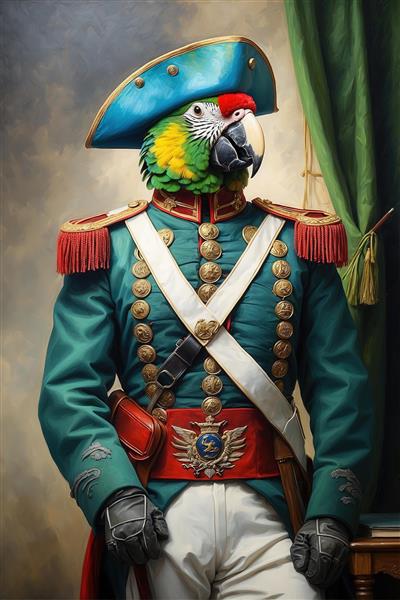 طرح طوطی با یونیفرم فیروزه‌ای سبز و کلاه ناپلئونی برای دکوراسیون کلاسیک
