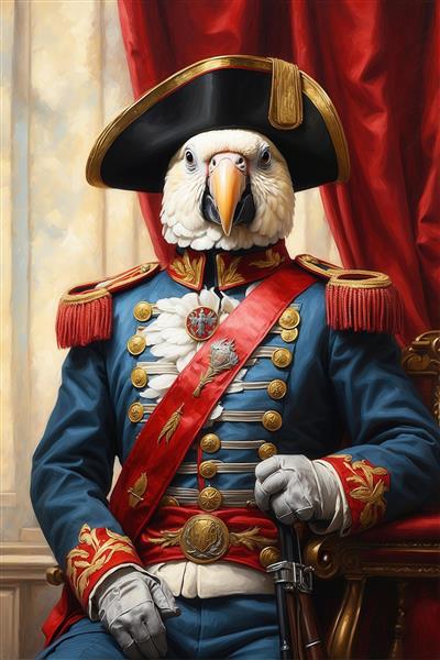 عکس طوطی سفید ژنرال با یونیفرم آبی و قرمز برای تابلو دکوراتیو