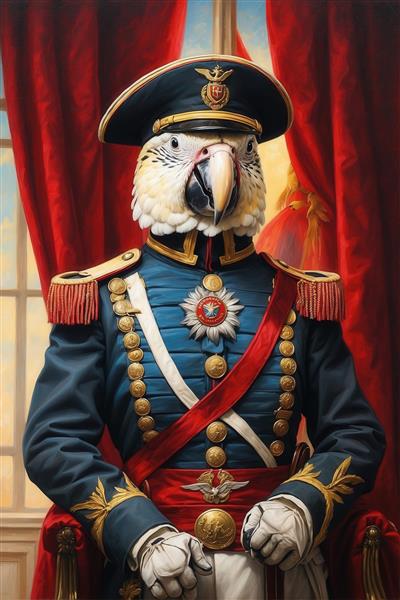 تصویر طوطی سفید با یونیفرم آبی و پرمدال برای چاپ دکوراسیون منزل