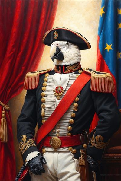 طرح طوطی سفید با یونیفرم مشکی و قرمز کلاه لبه‌دار برای پوستر دیواری