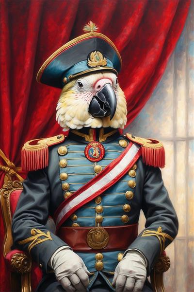 عکس طوطی سفید با لباس افسری آبی و کلاه نظامی برای تابلو کلاسیک