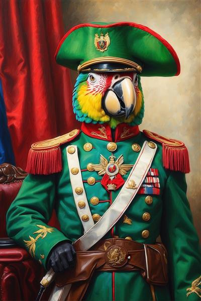 تصویر طوطی ژنرال با یونیفرم سبز پرمدال و کلاه لبه‌دار برای چاپ پرده