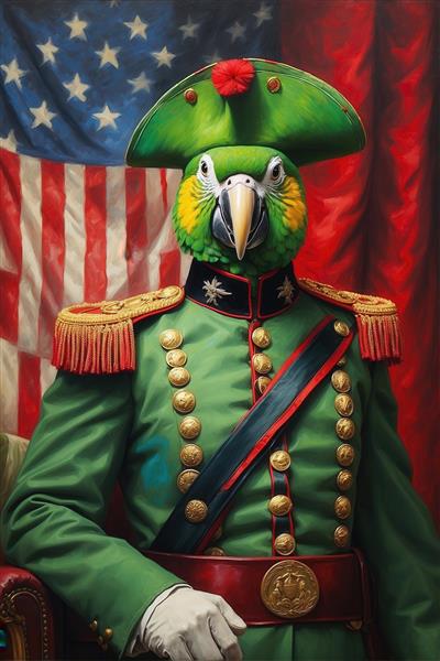 طرح طوطی با یونیفرم سبز سلطنتی و کلاه ناپلئونی پرچم آمریکا