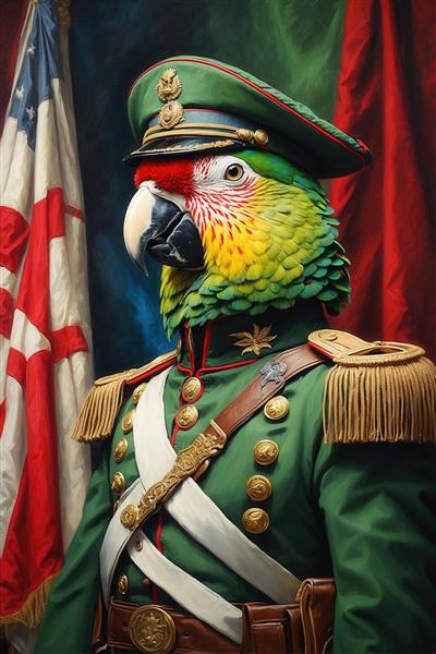 عکس طوطی با یونیفرم سبز کلاسیک و پرچم آمریکا برای تابلو دکوراتیو