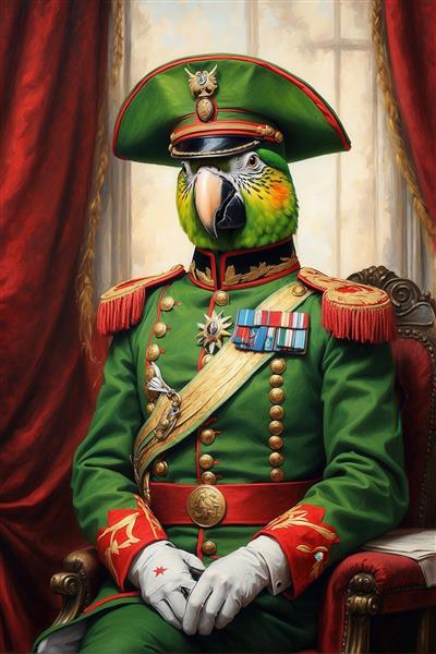 تصویر طوطی ژنرال با لباس سبز رسمی و مدال برای تابلو دکوراتیو نشیمن