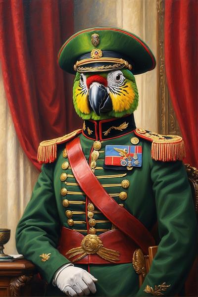 طرح پرتره طوطی سبز پرمدال با یونیفرم نظامی برای چاپ باکیفیت