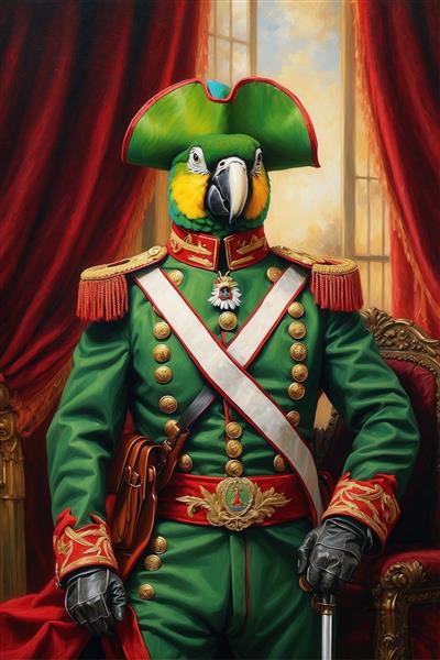 عکس طوطی ماکائو با لباس سبز نظامی و کلاه ناپلئونی برای دکور کلاسیک