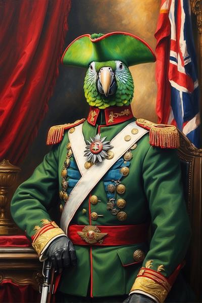 تصویر طوطی ژنرال با یونیفرم سبز سلطنتی و کلاه لبه‌دار برای پوستر دیواری