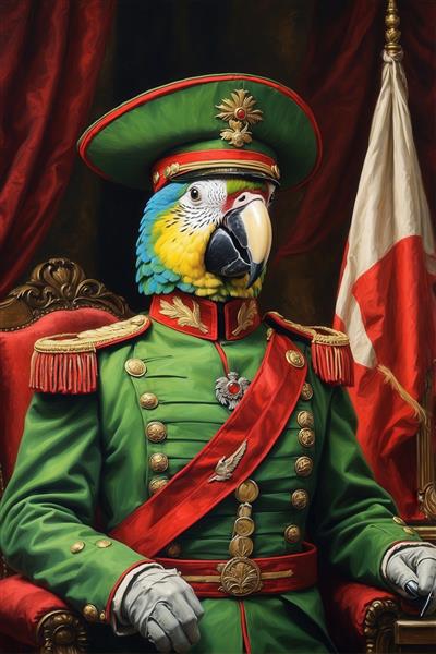 طرح طوطی با یونیفرم سبز پرمدال و پرچم برای چاپ دکوراسیون منزل