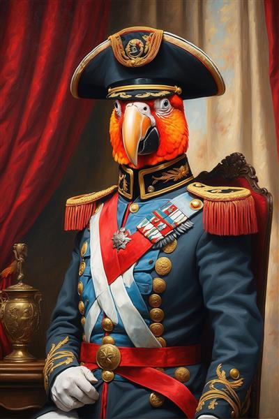 عکس طوطی قرمز پرمدال با لباس نظامی آبی برای تابلو دکوراتیو کلاسیک