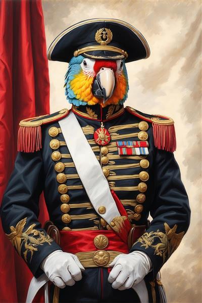 تصویر پرتره طوطی آبی و زرد با لباس رسمی تشریفاتی برای چاپ پرده