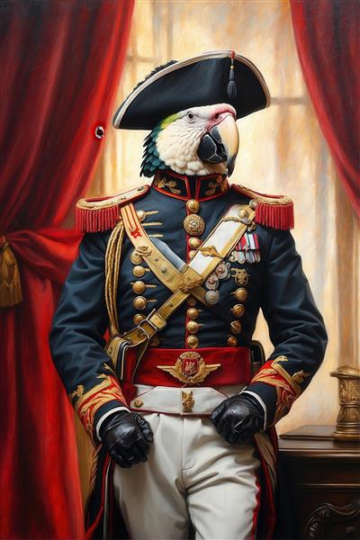 طرح پرتره طوطی با لباس فرماندهی و کلاه ناپلئونی برای تابلو دکوراتیو